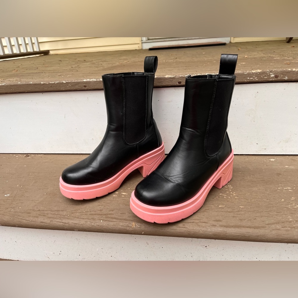 Black and funky pink platform waterproof boots